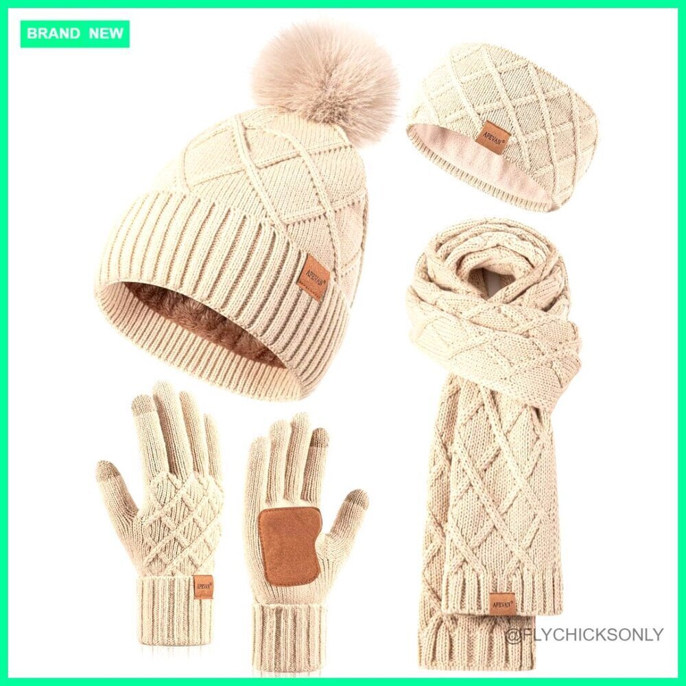 Winter Hat Scarf Gloves Headband Set, Touchscreen Gloves, Fleece Lined Beanie